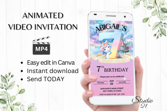 Unicorn Birthday Invitation 7 Years Old: Digital Magic